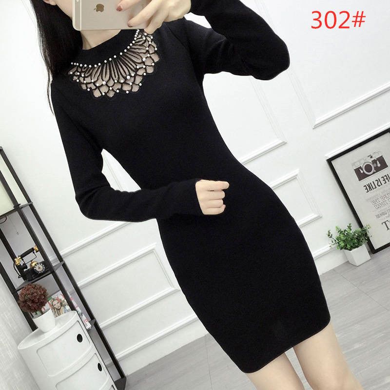 秋装新款韩版针织中长款打底衫女修身蕾丝镂空钉珠毛衣百搭连衣裙