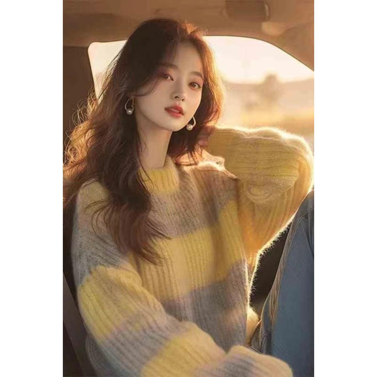 韩系穿搭黄色条纹软糯毛衣