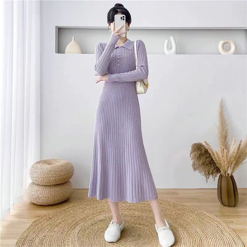 秋季法式Pol领针织裙收腰