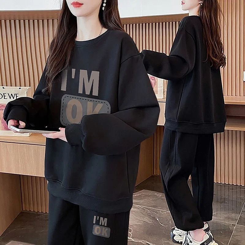 外穿大码显瘦简约运动套装女秋季2025新款网红长袖卫衣长裤两件套
