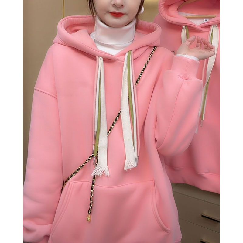 四条帽绳粉色加厚保暖卫衣女秋冬新款宽松百搭北极绒口袋设计上衣