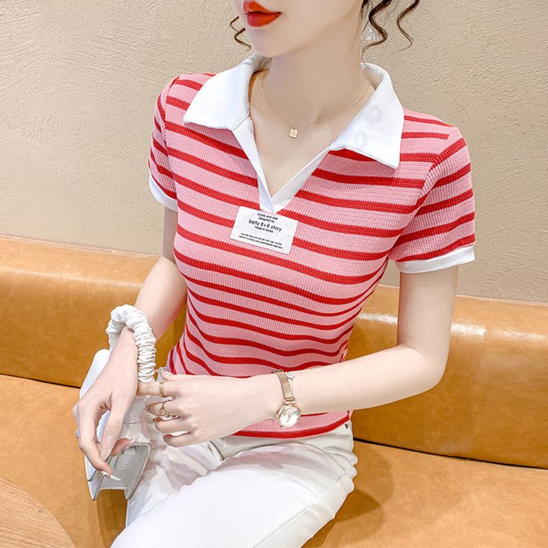 t恤女夏季短袖正肩法式小众polo衫修身显瘦独特别致条纹短款上衣