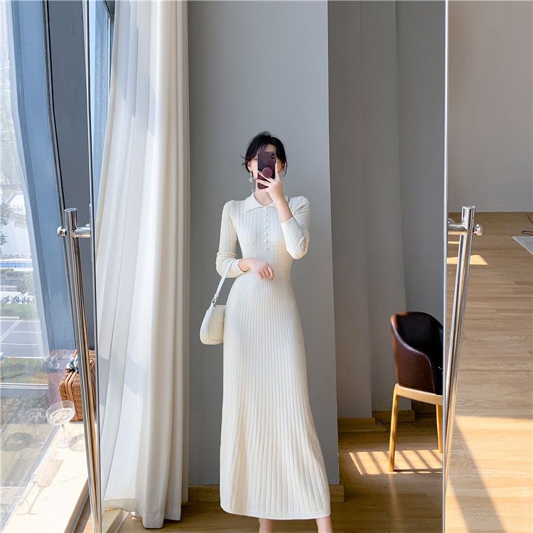 韩版复古娃娃领长袖针织连衣裙女秋冬新款中长款过膝毛衣打底长裙