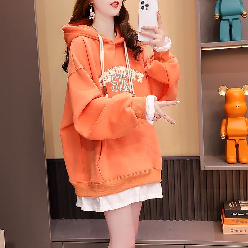 中长款遮臀薄款连帽假两件卫衣女秋冬季大码宽松加绒加厚外套上衣