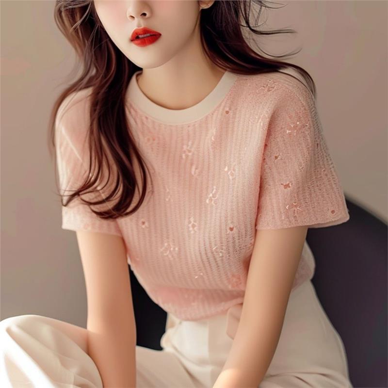 粉色针织短袖t恤女2025新款欧货洋气小衫夏季甜美上衣超好看正肩
