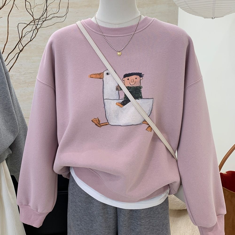 2025冬季新款韩国大鹅卡通图案加绒厚实宽松保暖厚休闲卫衣女上衣