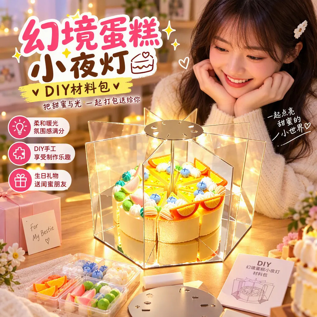 立体幻境旋转不织布蛋糕diy材料包小夜灯手工生日礼物创意送朋友