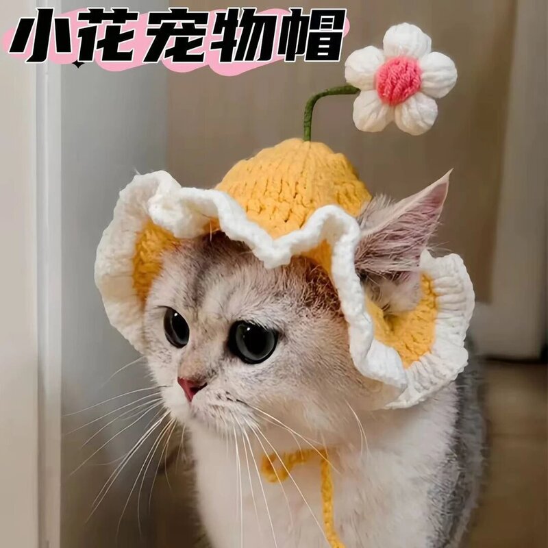 小花朵宠物帽子洛丽塔女仆英短猫咪头套波浪帽檐狗狗头套针织帽子