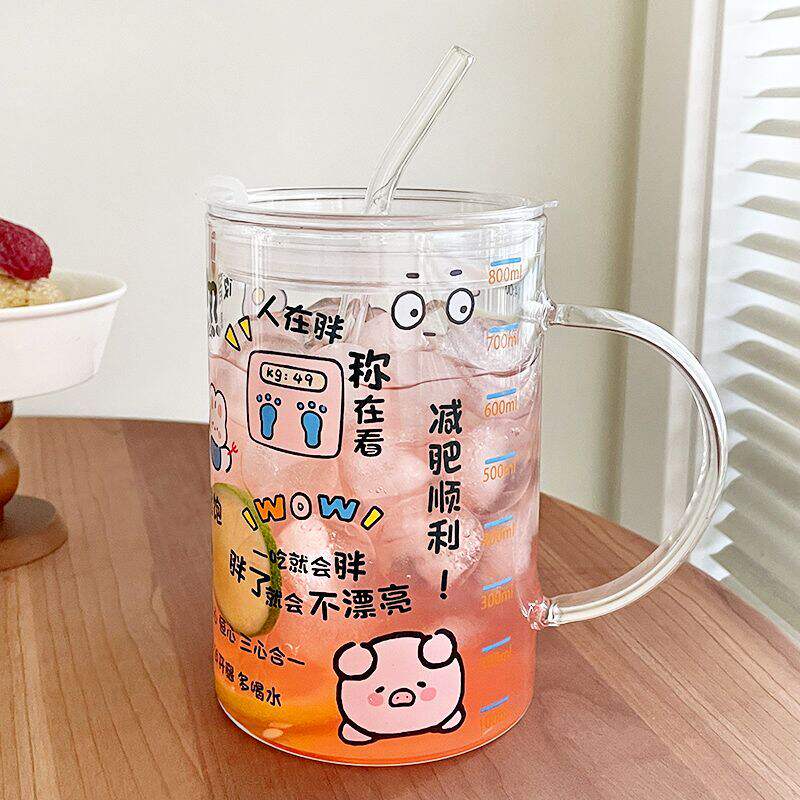 减肥专用水杯大容量2000玻璃杯耐高温女学生吸管杯带盖子把手刻度图片