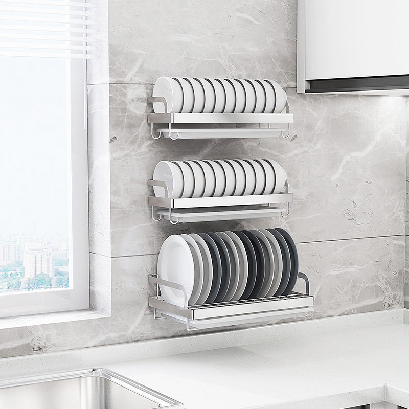 304不锈钢碗架沥水架壁挂式免打孔 单层碗盘架墙上厨房收纳置物架