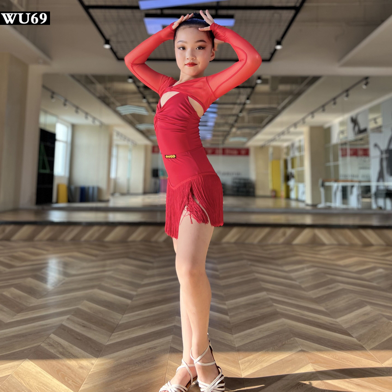 W69网红拉丁舞练功服女儿童表演服幼儿拉丁舞服装流苏裙红色