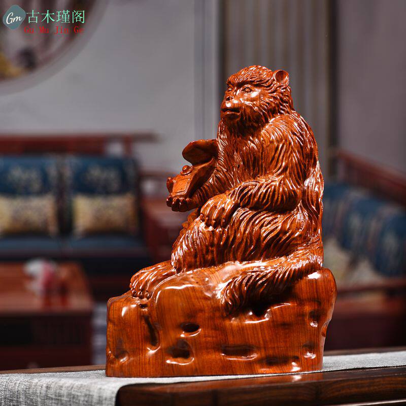 花梨木雕生肖猴i子摆件龙龟满载而归实木家居饰品客厅红木开业礼