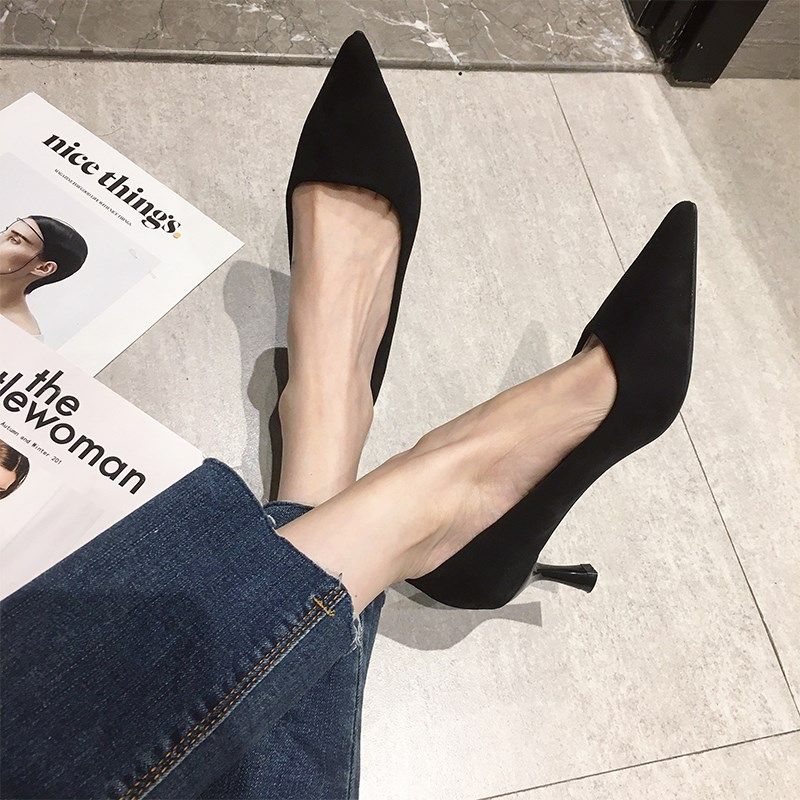 正装高跟鞋女早春季低跟2024年新款绒面黑色职业5CM尖头细跟单鞋