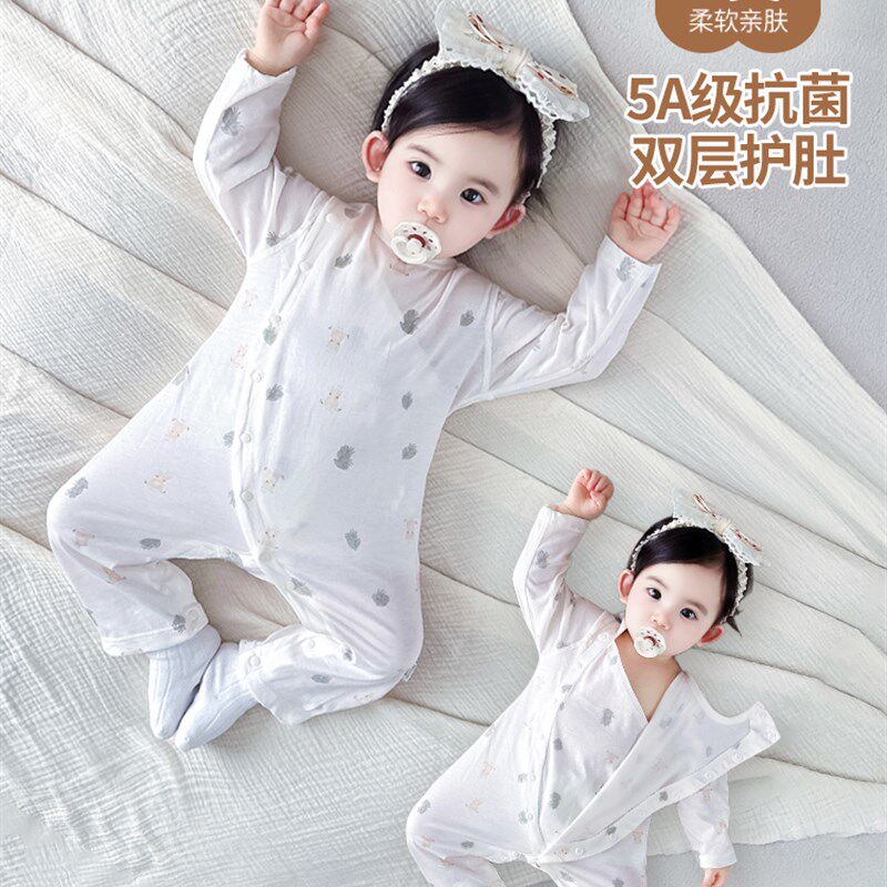 婴儿双层护腹夏季薄衣无骨长袖婴儿连衣裤春秋季空调服