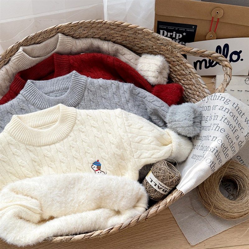 宝宝毛衣冬季2024新款男童红色打底衫婴儿冬装女儿童一体绒毛线衣