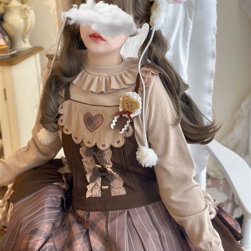 低领包芯纱毛衣秋冬内搭花边打底衫Lolita甜美可V爱少女保暖长袖