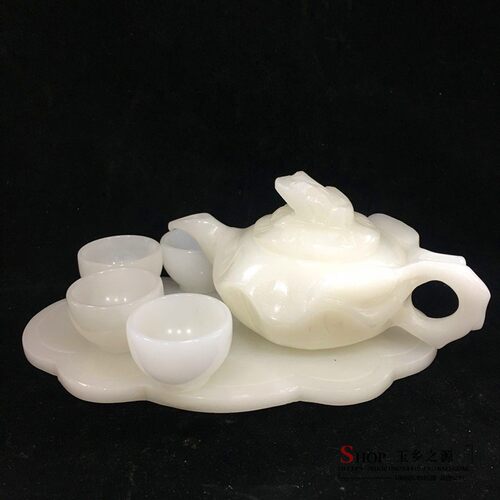 天然阿富汗白f玉茶具茶壶酒具玉茶壶玉杯子摆件家居客厅工艺品摆
