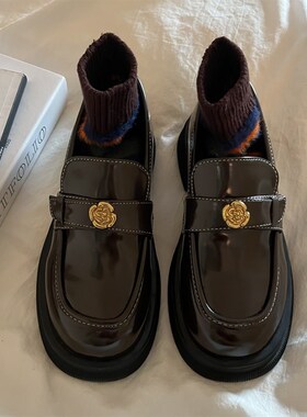 林先叁厚底黑色小皮鞋2024春季新款英伦风粗跟乐福鞋女款百搭单鞋