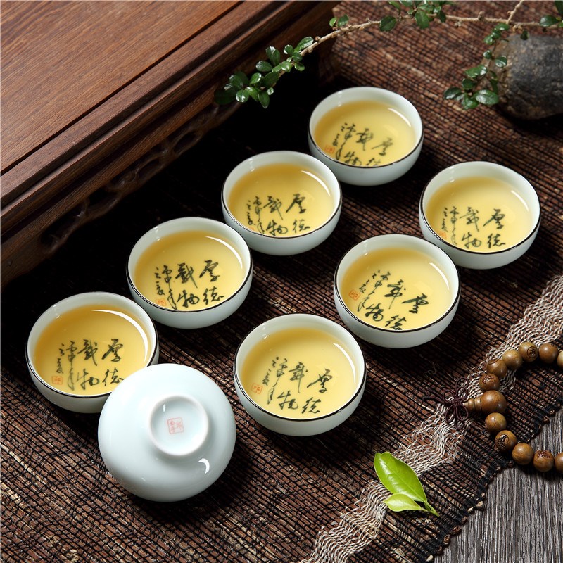 家用功夫茶具手h绘陶瓷茶杯小杯子影青品茗品茶杯主人杯茶盏8个装