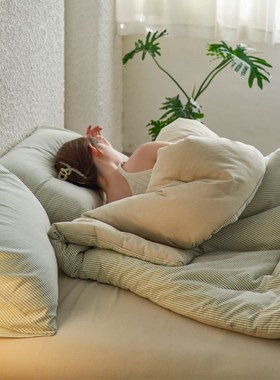 绿色条纹大豆纤维春秋被芯四季款秋冬加厚被子保暖薄被四件套全棉