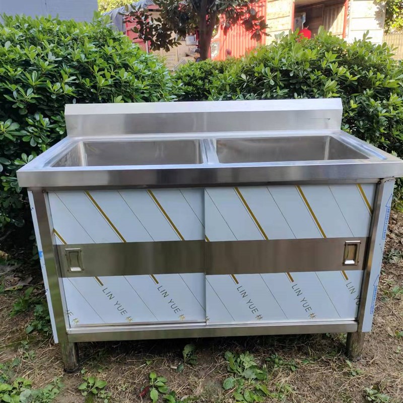 商用不锈钢水池柜加厚移门水池柜双槽单槽带台移门沥水柜异型定制