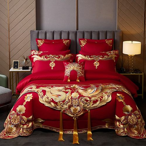 新婚庆四件套全棉大红色纯棉床品结婚礼喜被六八件套刺绣床上用品