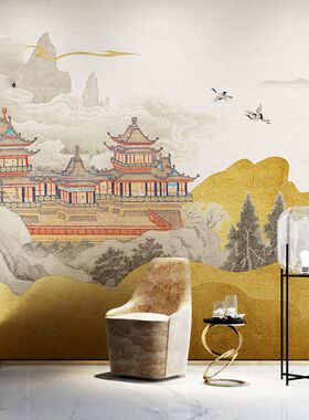 中式金色意境风松树阁楼典雅电视背景沙发墙纸壁布防潮无纺布壁纸