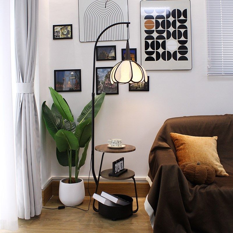 中古风落地灯卧室客厅沙发旁台灯胡桃木床头柜一体置物架