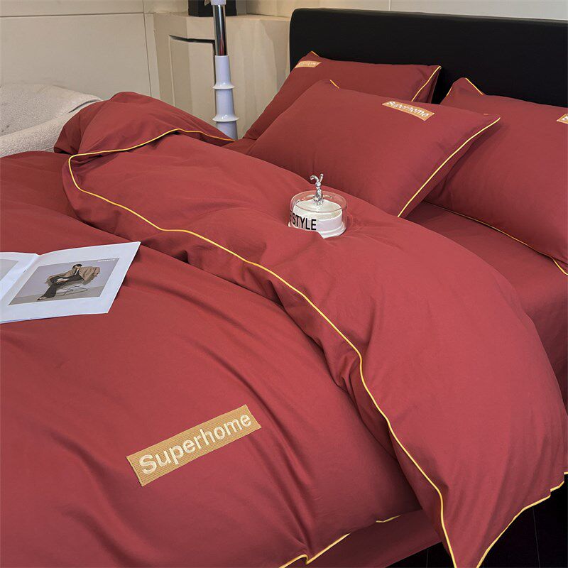 婚庆秋冬季全棉磨毛四件套酒红色加厚被套床单棉纯色陪嫁1.8