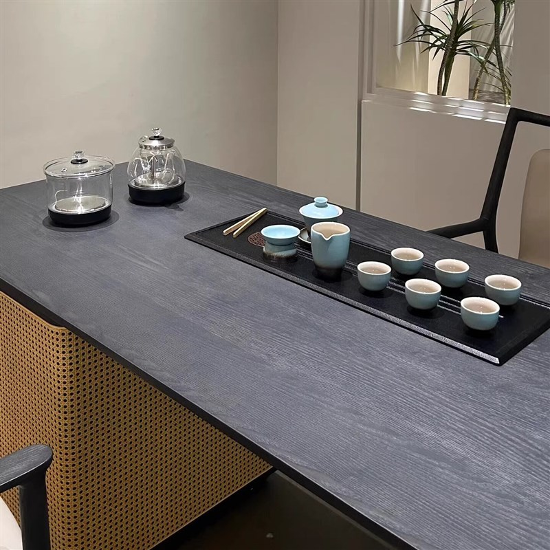 新中式白蜡木木茶桌椅组合侘寂风实木泡茶台岩板藤编办公室会客桌