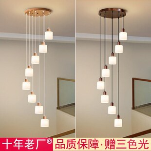 新款中式中古风格楼梯吊灯挑空复式楼楼梯间吊灯长线简约木艺吊灯