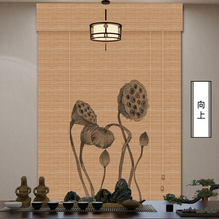 竹帘卷帘窗帘茶室印花挂画帘书房背景装 中式 饰帘阳台遮光遮阳帘子
