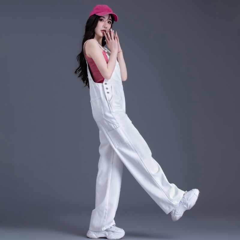 白色牛仔背带裤女美式网红2024年新款直筒阔腿裤工装裤减龄小个子