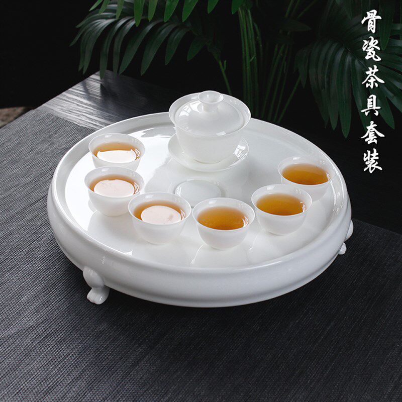 高骨瓷功夫茶具套装纯白单层排z水式茶盘茶海茶台整套家用盖碗茶