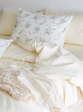 六月雨白春夏淡黄浅黄色60支长绒棉床上四件套被套床单床品