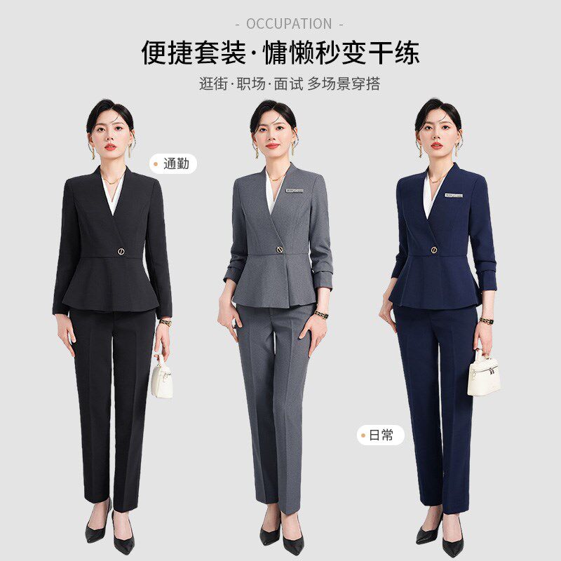 灰色无领职业套装女春秋季通勤销售正装气质售楼部酒店前台工作服