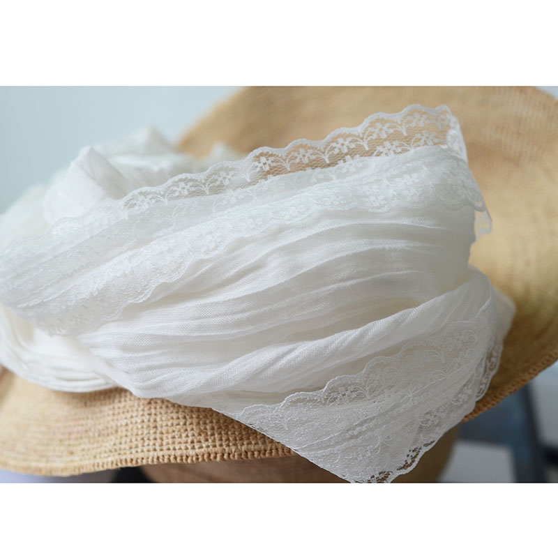 夏季细长窄小纯棉围巾女 薄款褶皱蕾丝春秋轻薄装饰护颈透气纱巾