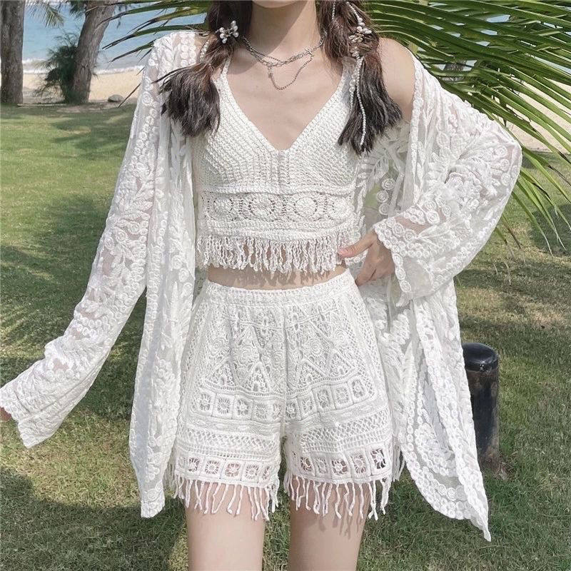 泳衣女网红风保守三件套仙白色甜小姐日韩少女泳装显瘦感日系