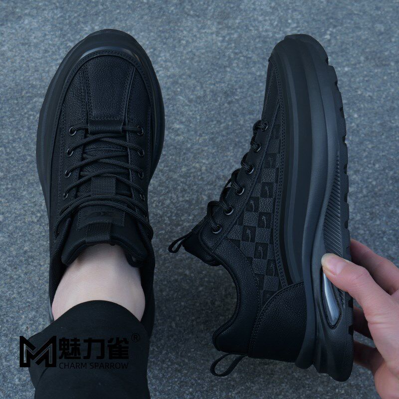 男鞋春季2025新款潮透气男士休闲鞋黑色厚底皮面鞋子男款运动板鞋