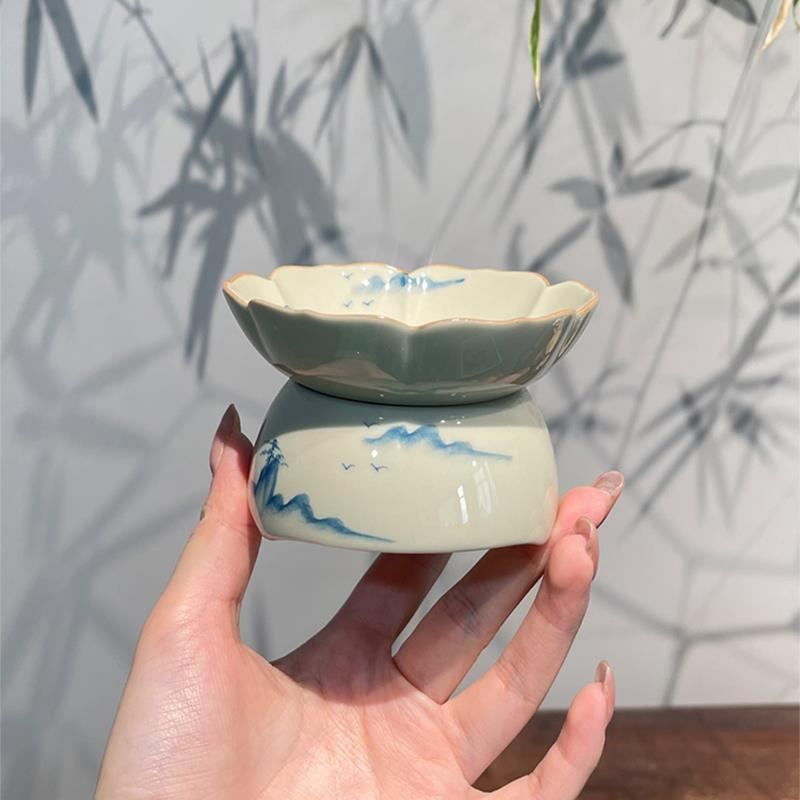 惊蛰 冰台手绘远山茶漏茶滤网茶水分离茶隔陶瓷滤茶中式茶具配件