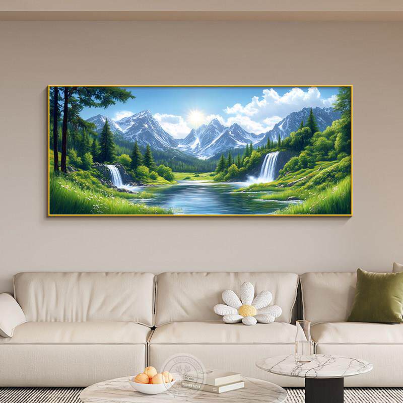 挂画背景西墙源远流长客厅靠山背有沙发山水画宝地福居装饰画墙面