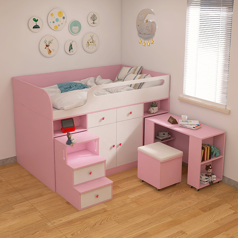 女孩半高床儿童房小户型卧室实木上床下衣柜带推拉书桌一体组合床