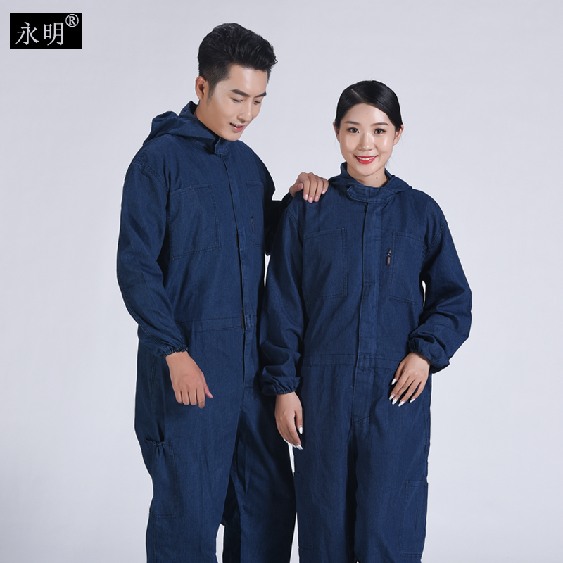 夏薄纯棉牛仔连体工作服劳保服厂服防烫防尘透气耐磨连帽一体油漆