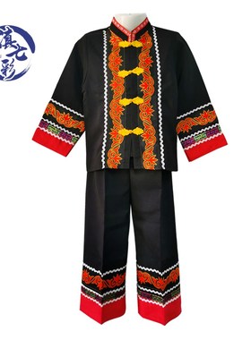 小黑彝族长袖男童套装 简约民族服装黑色长衣长裤 民族服饰生活装