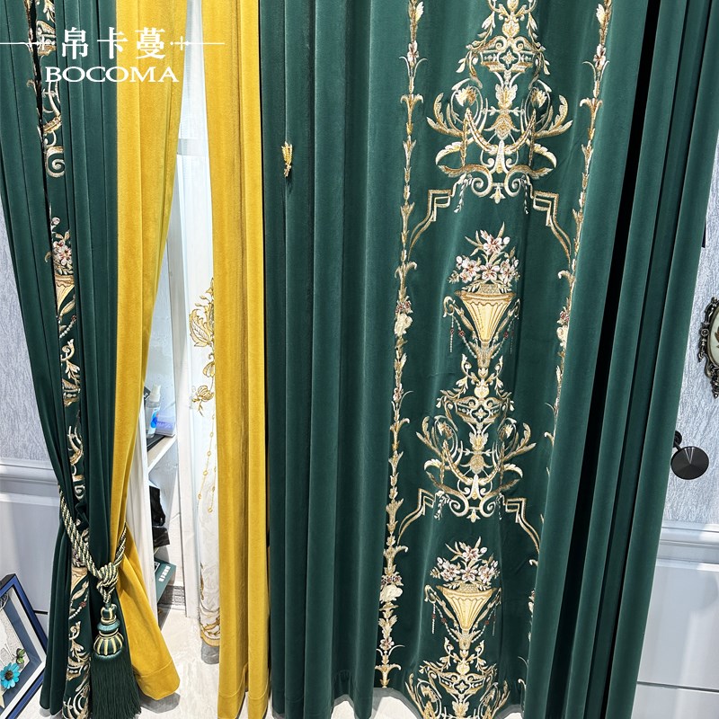 欧式高档大气客厅卧室遮光定制绣花窗帘美式豪华别墅高窗蓝色丝绒