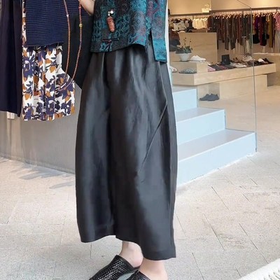 新中式国风黑色缎面定制阔腿裤女2025夏季新款显瘦时尚百搭直筒裤