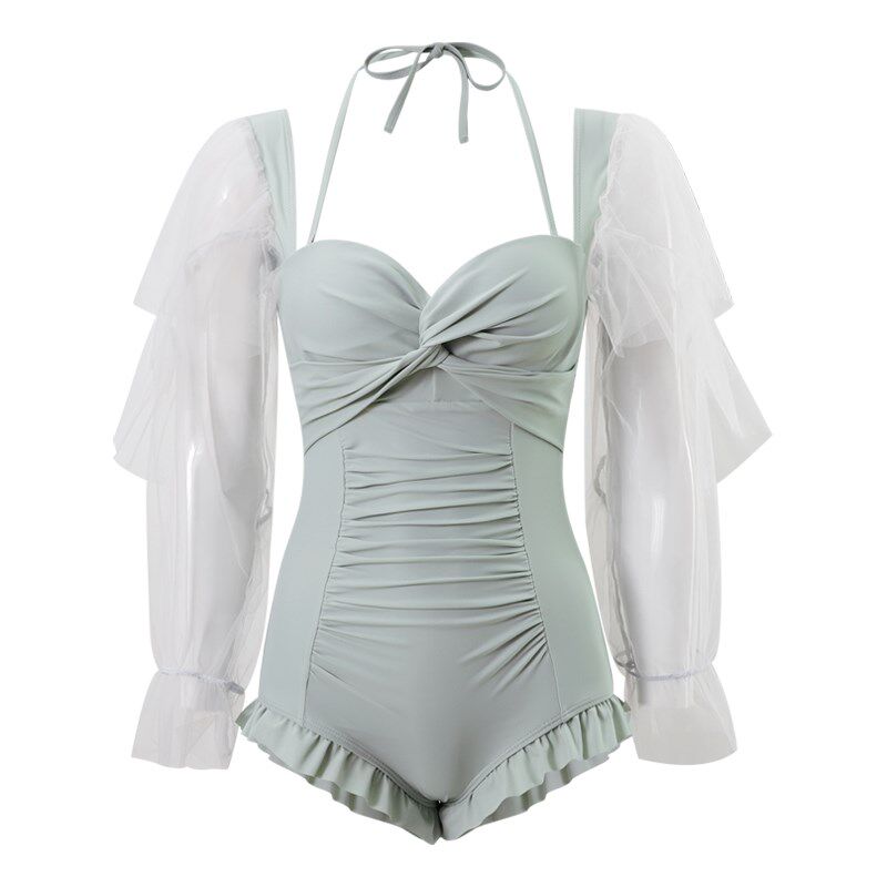 金珠泳衣女夏季纯欲风温泉连体平角保守显瘦遮肚高级感长袖游泳衣