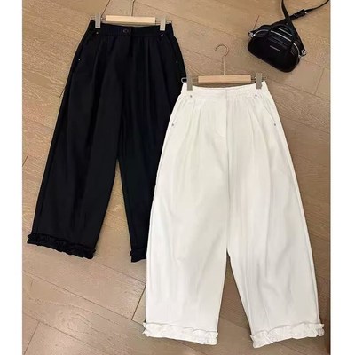 韩系小众设计感木耳边阔腿裤女春夏季宽松直筒休闲洋气显瘦九分裤