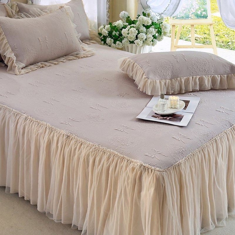 夏季裸睡冰豆豆凉席床裙款三件套公主风蕾丝边纯色凉感空调软席子