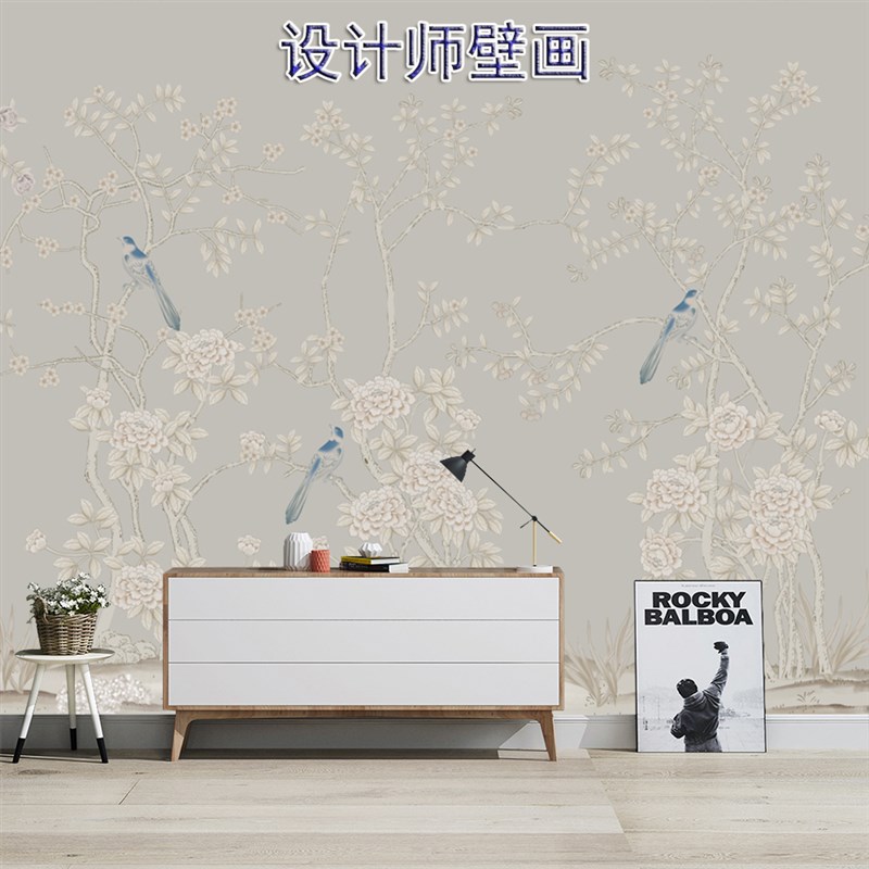 新中式花鸟壁纸客厅电视背景墙纸卧室床头墙壁布法式别墅餐厅墙布